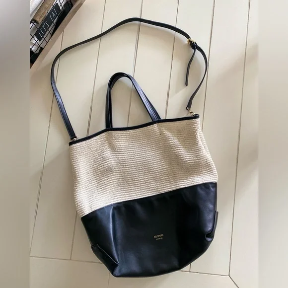 Marinella Milano Tote Purse Leather Cotton Woven Black And White Mint Condition - Picture 3 of 4